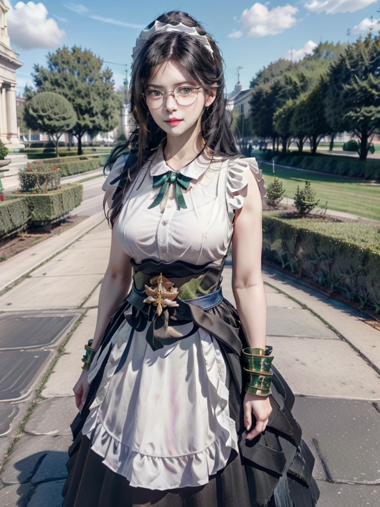  Focus on the Upper Body , Realistic,  1 girl,  Black Hair , sparkling green eyes ,  maid clothes, (  these are glasses with black rims :0.7),  Standing Pose , Museum Background, Perfect body,Yuri Alpha（Overload）、masterpiece, Best Quality, Super detailed, ( RAW Photos:1.2), ( Photorealistic),  BEAUTIFUL DETAIL GIRL,
