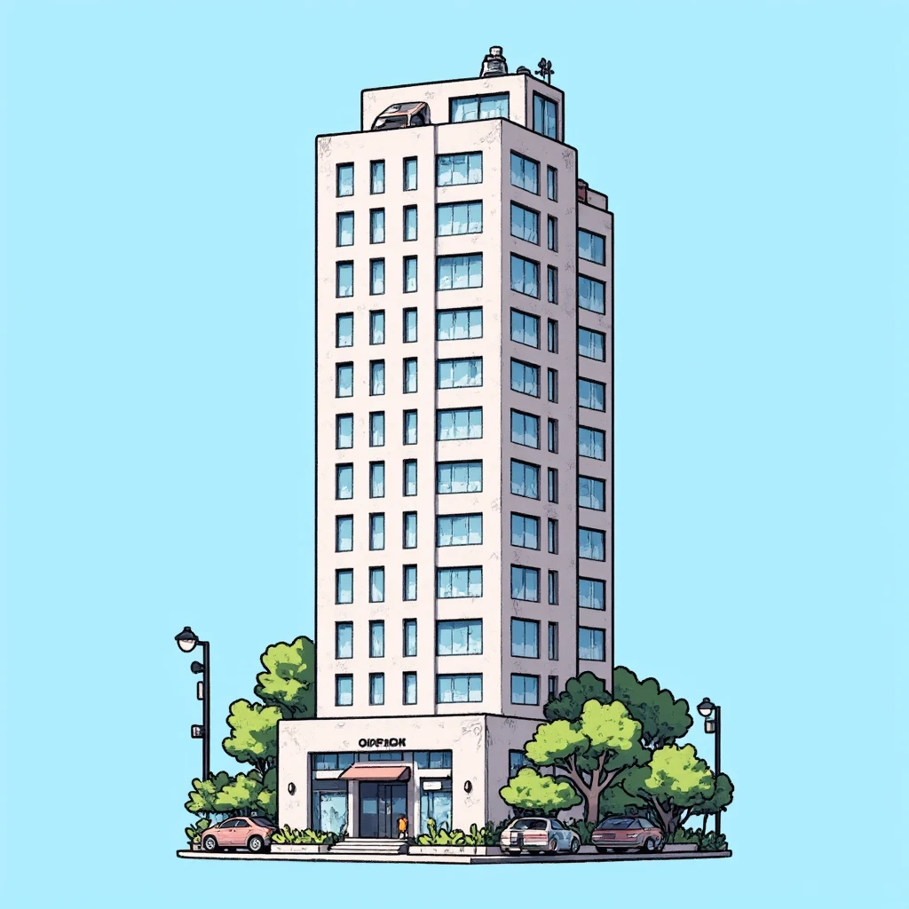 Anime-style illustration of a tall, busy office building with thick lineart and flat, solid colors without any shading. The building has many large windows and detailed vertical ridges across the facade, with added elements like balconies, rooftop equipment, and small antennas to make it appear lively. Surround it with smaller nearby buildings, street lamps, parked cars, and benches to create a bustling atmosphere. Include simple greenery like lawns and trees, and add a few small figures around the building entrance to show activity. The scene is set on a clear, bright day with a plain blue sky and no shadows, maintaining a flat, clean, and colorful look from a slightly elevated diagonal perspective to capture the building's details