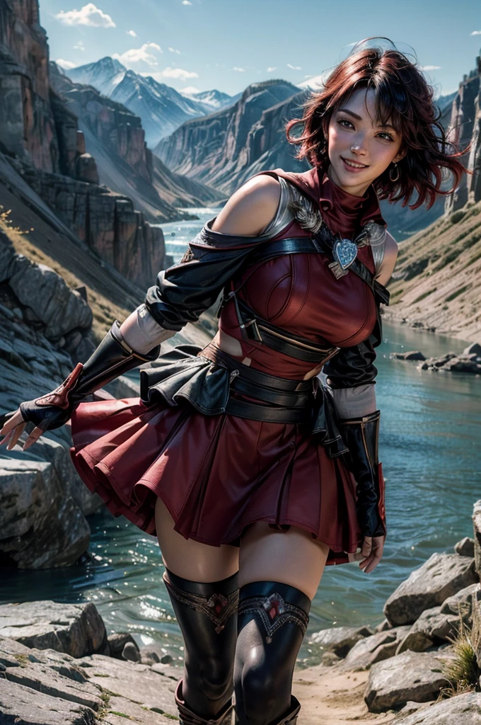 srwby, short hair, black hair, red hair, t-shirt, skirt, boots, gradient hair, grey eyes, outdoors, walking, smiling, (cowboy shot), dynamic pose, on mountain top with crowd, overlooking river running near village in a valley, intricate details, tonemapping, sharp focus, hyper detailed, (masterpiece,stunning girlfriend, heart shaped face, elegant face, beautiful face, highly detailed face, highly detailed skin, skin pores, subsurface scattering, realistic pupils, looking at viewer, full lips, detailed background, depth of field, atmospheric perspective, volumetric lighting, sharp focus, absurdres, realistic proportions, good anatomy, (realistic, hyperrealistic:1.4), 16k hdr, 