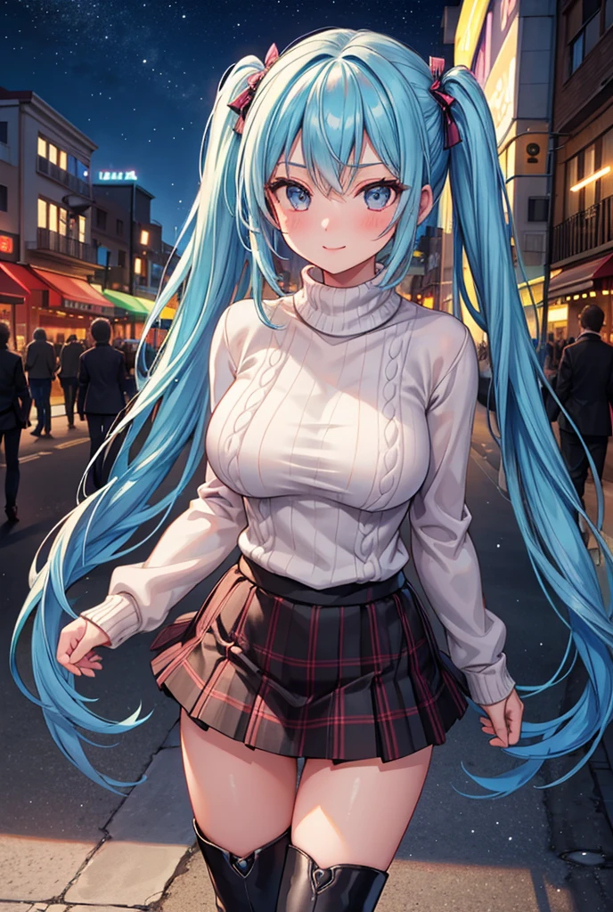  1 girl, solo,  high resolution on down, Long Hair,  big breasts at the temple,  gaze realistically ,  Blushing , Light blue hair, masterpiece, accurate,  anatomically correct,  won numerous awards,  detail,  high definition model, 高い detail,  high quality,  very detailed,  RETINA,  Textured Skin,  Ultra High Definition, smile, Beautiful legs, Black Eyes, Clean the eyes of teenage girls, (( Heart Bubbles)), ((spoken heart)), (( knit sweater)), ( plaid miniskirt ), Italian cafe , (Terrace seats), (( opens her mouth wide )), night, night空, Starry Sky, ((Highlight the whole body)), ( crosses legs), (( Twin Tails)),(Italian cityscape), , , (((Walking around the city))), (()), Walking around the city, (( Black Long Boots )),