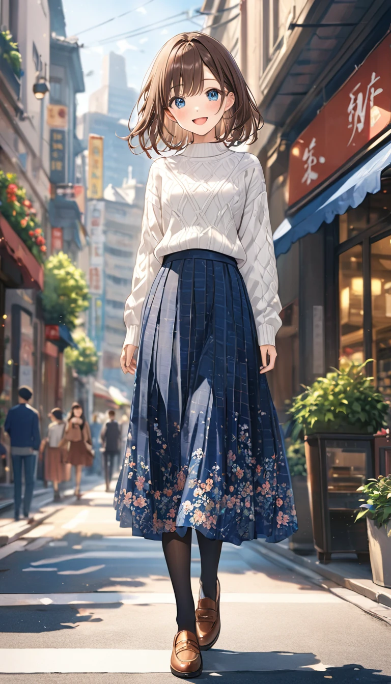 full body、 best quality,High image quality,masterpiece,  casual, White ((sweater)), One person, very cute girl、Complex pupil,  Deep Blue Eyes , smile, open mouth, blush, ((small breasts)), medium hair, Brown Hair, Right-parted bangs,   Blue Skirt , Floral Skirt, long skirt 、 Navy pantyhose,  Detailed Fabric Texture , city,Building Street,standing、 blurry background、