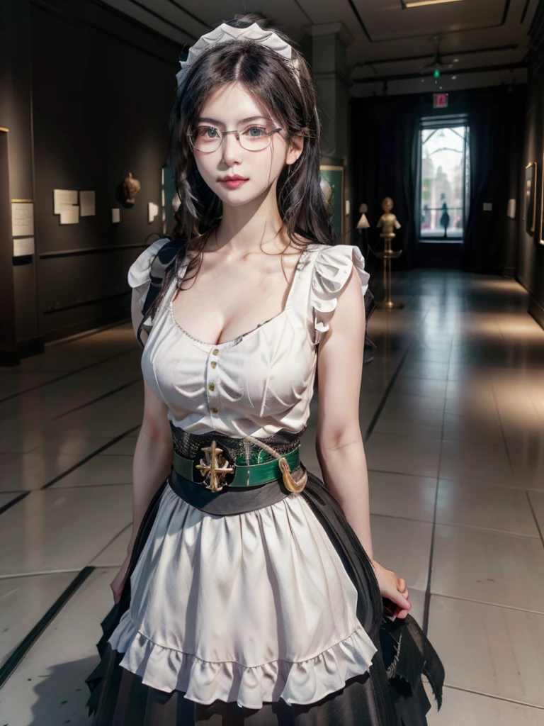  Focus on the Upper Body , Realistic,  1 girl, Black Hair , sparkling green eyes ,  maid clothes, (  these are glasses with black rims :0.7),  Standing Pose , Museum Background, Perfect body,Yuri Alpha（Overload）、masterpiece, Best Quality, Super detailed, ( RAW Photos:1.2), ( Photorealistic),  BEAUTIFUL DETAIL GIRL,