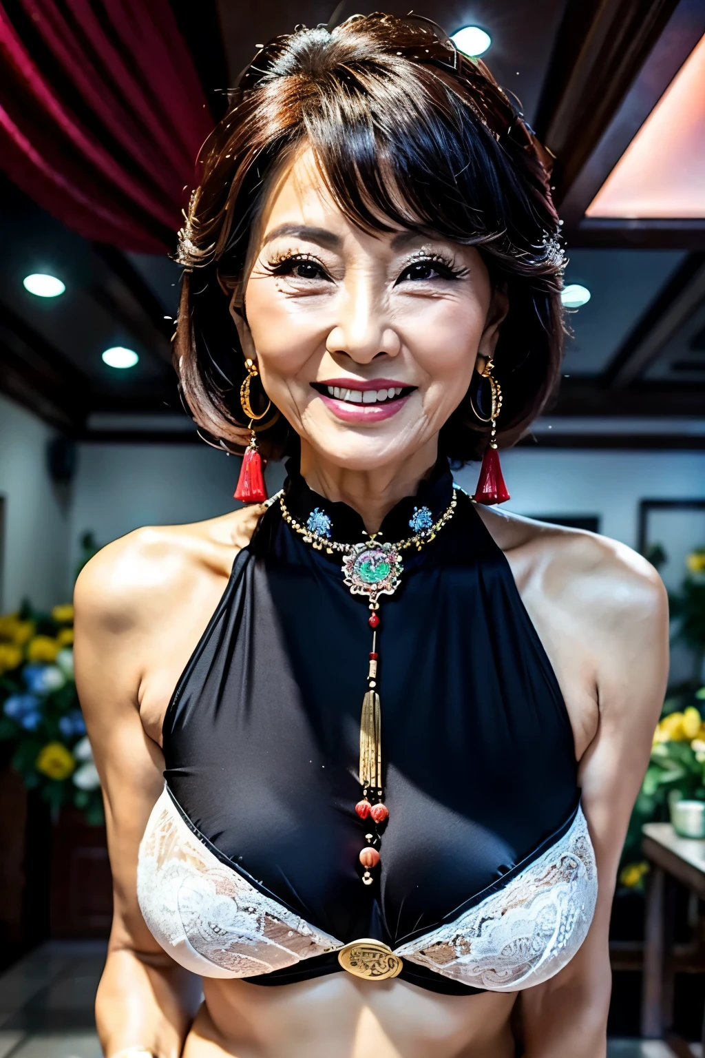 75 years old mom milf Korean, Lady large earring Big choker navel piercing decoration A bracelet Silver Hair realisitic Gorgeous Madame Beautiful Mature Woman sexly Smile Gentle woman navel piercing 4K High quality fish shop Fish Market sale Gorgeous Madam Beauty