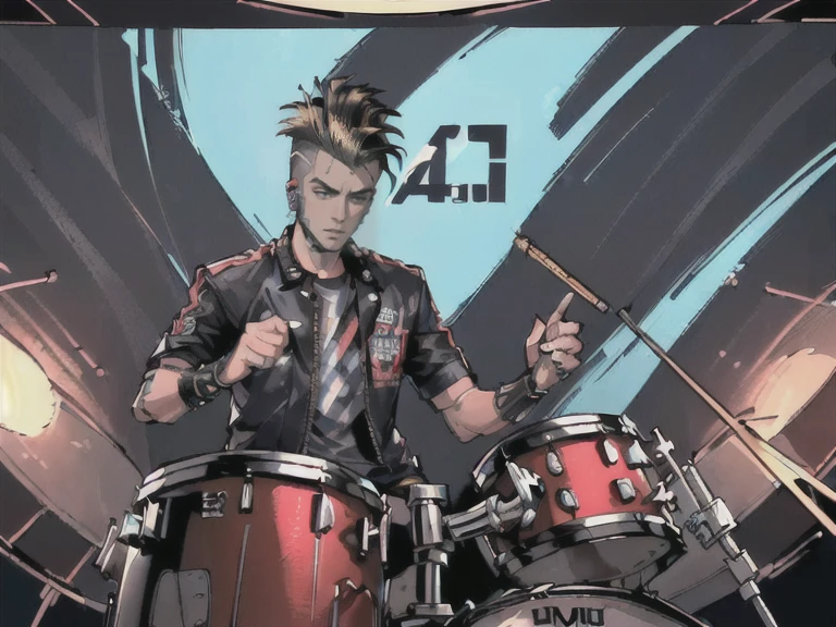 ((best quality, 4k, 8k, highres, masterpiece:1.2, ultra-detailed,Correct Anatomy)), (((Male: Drummer, Android, Robot, Hairstyle: Mohawk, Playing drums at high speed))) (((Punk rock band member))), singing, on stage,((cyber punk)),(((Focus on the man playing the drums))),(((holding one drumstick in each hand)))