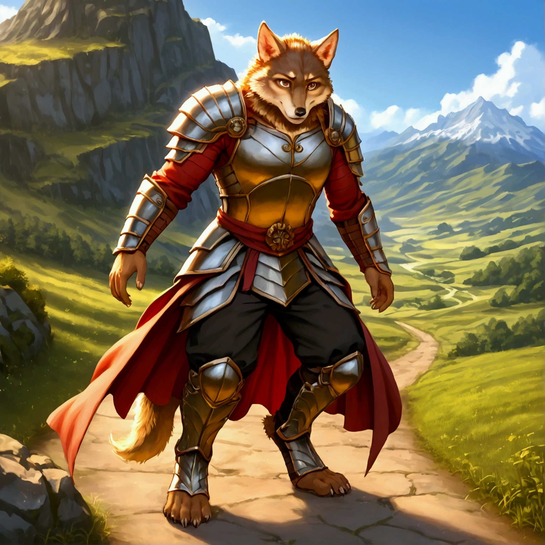 character focus, full body, looking away, various angle, european fantasy, a muscle middle-aged wolf man, heroic costume clothes, armor, shirt, pants, dynamic pose, BREAK complete anatomy, perfect proportions, beautiful thigh gap, fluffy body, intricate fur details, beautiful fur texture, BREAK a detailed wolf 1tail, detailed boots, detailed foot, detailed hands, 5fingers, 5fingers nails, BREAK aesthetic anime face, insanity detailed face, male face, big face, square jawline, aesthetic anime eyes, detailed brown eyes, detailed brown cornea, detailed dark brown irises, detailed pupils, male eyes, big eyes, male eyebrows, innocent look, beautiful beard, BREAK full body in Michelangelo Buonarroti style, digital illustration anime, housamo style, detailed painting landscape, mountain, path, outdoor, full color, HDR, BREAK masterpiece, official art, best quality, very aesthetic, absurdres, super fine illustration, great quality, BREAK noise reduction, very highres, large filesize, high quality, 32K, 8k wallpaper, dynamic lighting, BREAK insanity detailed, ultra detailed, intricate details, extremely detailed, detailed texture, an extremely delicate and beautiful, BREAK osukemo, e621 illustration, kemohomo, anthropomorphic, furry, cartoon, harmonious body, pastoral face, virtuous eyes, epic atmosphere