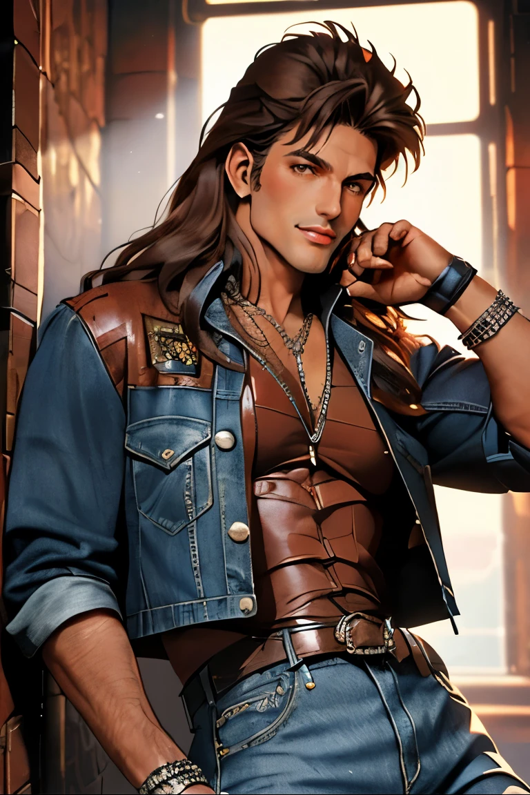 masterpiece, best quality, (extremely detailed CG unity 8k wallpaper), (best quality), (best illustration), (best shadow), absurdres, realistic lighting, (Abyss), beautiful detailed glow, art by PeterMohrBacher. Mateo, approximately 28 years old, with his slender yet slightly curvy body and short, wavy, chestnut hair, wearing a stylish leather jacket over a graphic tee, is riding a motorcycle through a winding mountain road, with a confident smirk on his face. Small breasts visible under his jacket. He has a slightly masculine face and a noticeable bulge in his pants. The scene is adventurous, with dramatic clouds in the sky and a scenic view of the mountains.
