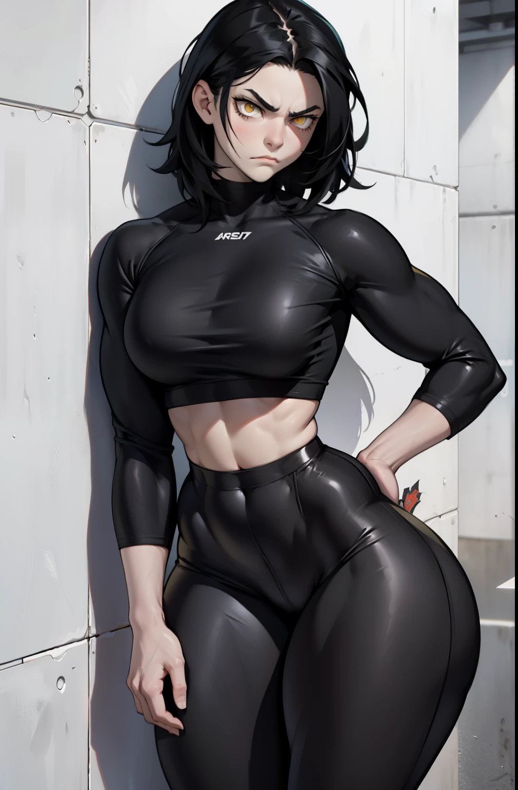 short legging 1girl muscular pale skin black hair yellow eyes black against wall sad sad sad sad tight short leggings white thick thick thick thick muscular muscular muscular muscular muscular girl dark dark, meias calça marrom, coxas sexy, belos olhos, meia calça preta, meia calça preta
