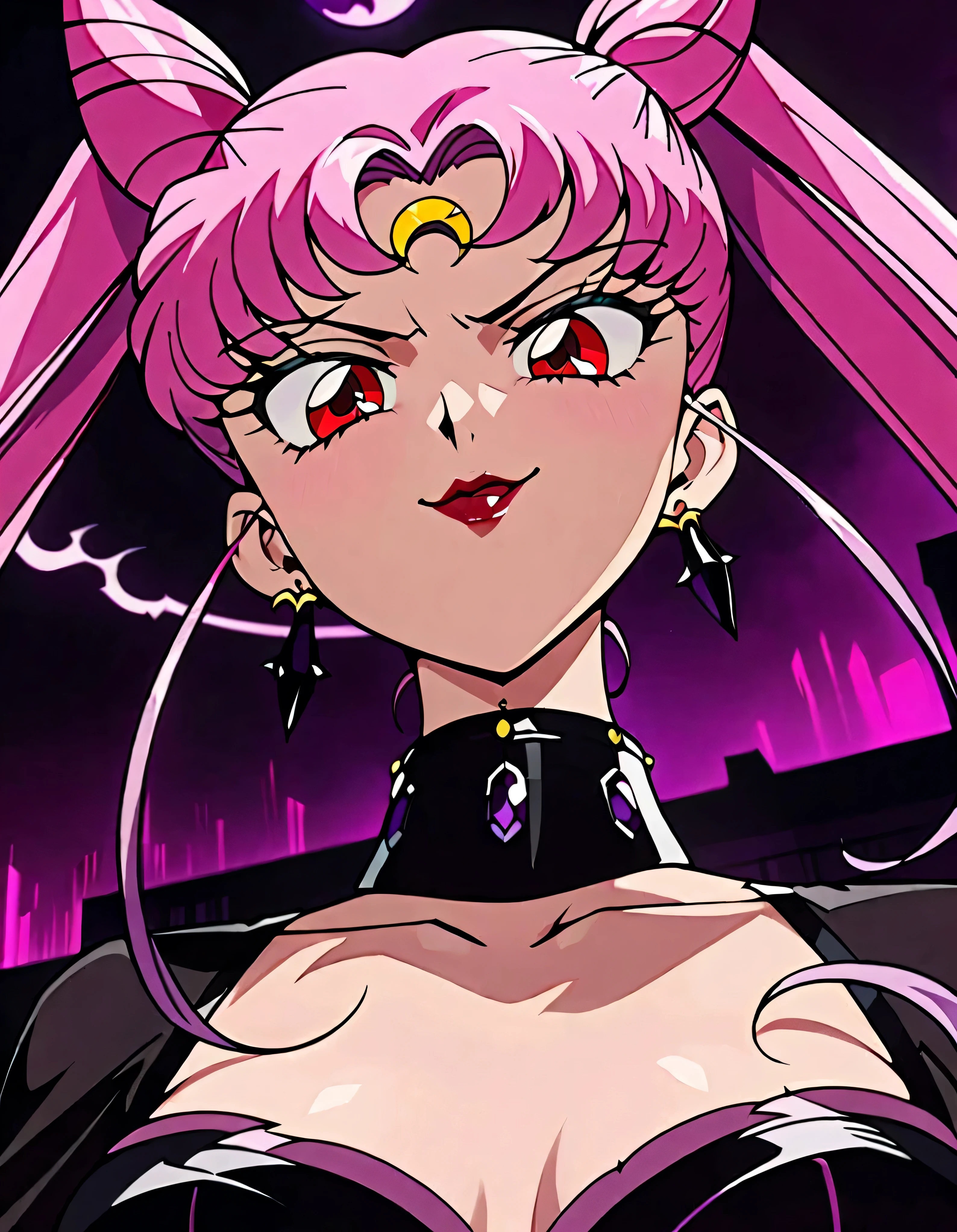  Sailor Moon Wicked Lady, Pink Hair, Red eyes, ,  Black Crescent Moon Mark on Forehead , very evil smirk,beautiful body,shaded face(eyes in evil shadow),((masterpiece,best quality)), absurdes,black dress,upper body,beautiful face,,looking down at viewer,twintail,,Sadistic ridicule,look down,looking down at viewer, ,factory of evil darkness,from below,close up,Dark Side、Alone.1girl、darkness,wander,cyberpunk,Huge Amethyst Background ,