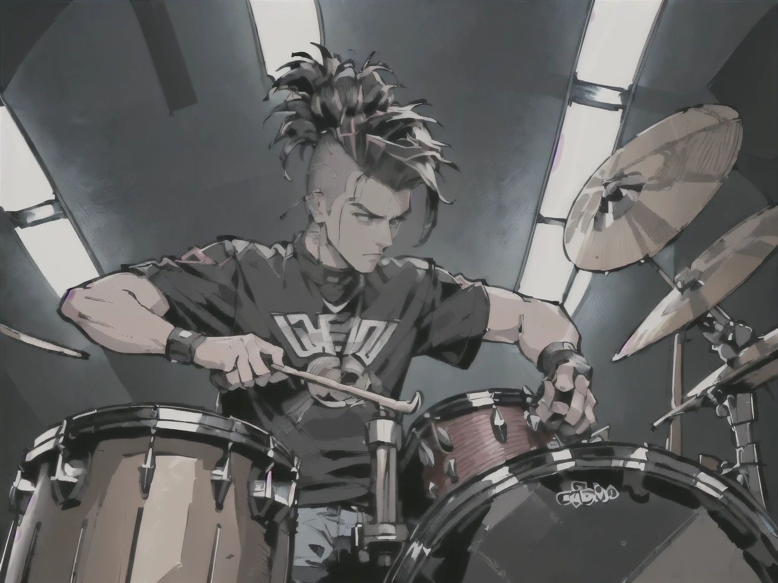 ((best quality, 4k, 8k, highres, masterpiece:1.2, ultra-detailed,Correct Anatomy)), (((Male: Drummer, Android, Robot, Hairstyle: Mohawk, Playing drums at high speed))) (((Punk rock band member))), singing, on stage,((cyber punk)),(((Focus on the man playing the drums))),(((holding one drumstick in each hand)))