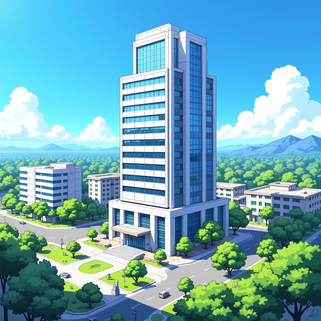 Create an anime-style illustration of a tall, modern multi-story office building with a grand, sturdy architectural design. The building features large windows and vertical lines that emphasize its elegance and strength. Surround the building with manicured green lawns, simple trees, and clear walkways to add a natural touch to the urban scene. The sky is a solid, bright blue with stylized, fluffy white clouds, and distant mountains are visible in the background. Set the scene during the day, with no shadows to maintain a flat color style. Use an elevated diagonal perspective to showcase the building’s structure and surroundings, with thick lineart and flat colors throughout the image