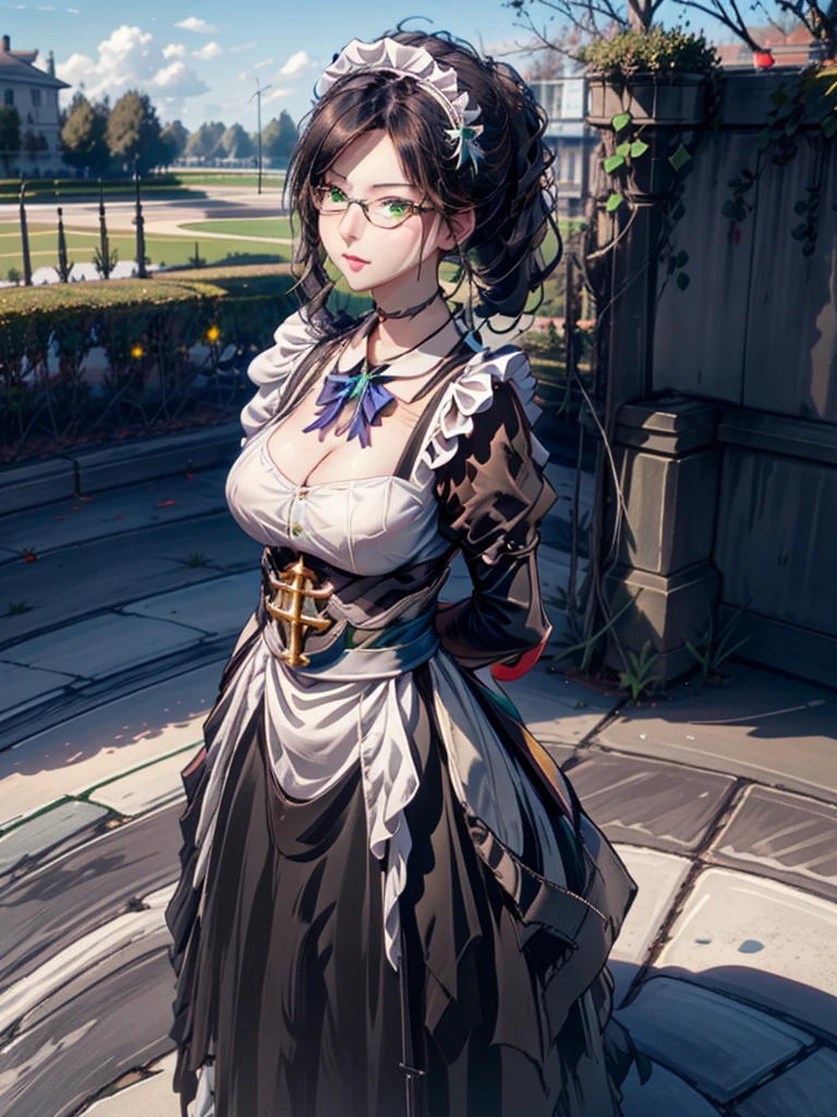  Focus on the Upper Body , Realistic,  1 girl, Black Hair , sparkling green eyes ,  maid clothes, (  these are glasses with black rims :0.7),  Standing Pose , Museum Background, Perfect body,Yuri Alpha（Overload）、masterpiece, Best Quality, Super detailed, ( RAW Photos:1.2), ( Photorealistic),  BEAUTIFUL DETAIL GIRL,