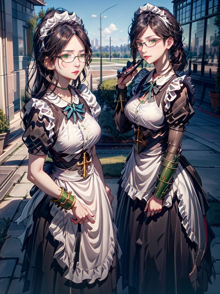  Focus on the Upper Body , Realistic,  1 girl, Black Hair , sparkling green eyes ,  maid clothes, (  these are glasses with black rims :0.7),  Standing Pose , Museum Background, Perfect body,Yuri Alpha（Overload）、masterpiece, Best Quality, Super detailed, ( RAW Photos:1.2), ( Photorealistic),  BEAUTIFUL DETAIL GIRL,