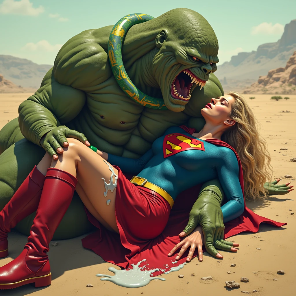 
In a desolate battlefield, Cell, a tall and imposing bio-engineered being with green and black insect-like armor, kneels beside the defeated Android 18. Cell’s cold, calculating eyes and sinister grin highlight his predatory nature. His muscular, bio-mechanical body is covered in a green exoskeleton with black spots, and his long, segmented tail curls ominously behind him. Android 18, a young woman with shoulder-length blonde hair and piercing blue eyes, lies on her back at Cell’s feet. She is dressed in her familiar blue denim vest over a black and white striped shirt, with dark blue jeans and black boots. Her shirt is lifted, exposing her bare, synthetic abdomen. Cell’s large, clawed hand is pressing firmly on Android 18’s exposed belly, palpating and exploring it with a cruel, calculated expression. The scene focuses on the direct contact between Cell’s hand and Android 18’s bare abdomen, emphasizing the invasive nature of the touch. The barren landscape and dark skies serve as a backdrop, intensifying the tension of the moment.