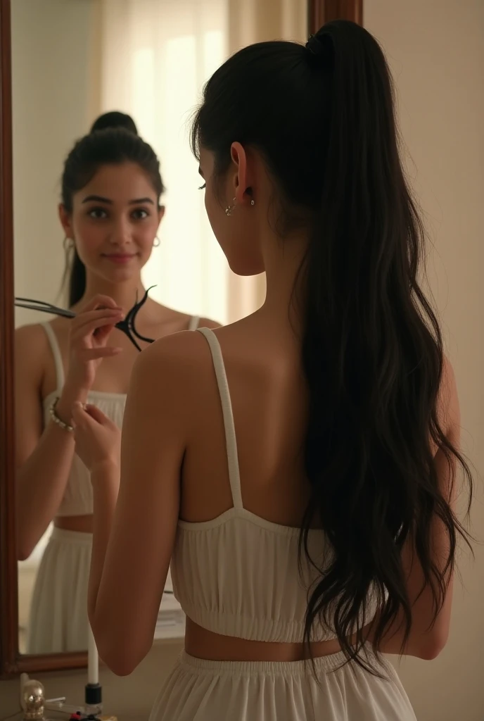 deseo Imagen: Two girls standing in front of a mirror, each holding half of a transparent heart. En el reflejo del espejo, se ve la palabra "Honestidad" written clearly and crisply. Ambas chicas tienen expresiones sinceras y dignas de confianza., convey the importance of honesty in your relationship. You can play with the lighting to highlight the transparency of the heart and use soft tones., Warm tones to create a cozy atmosphere..