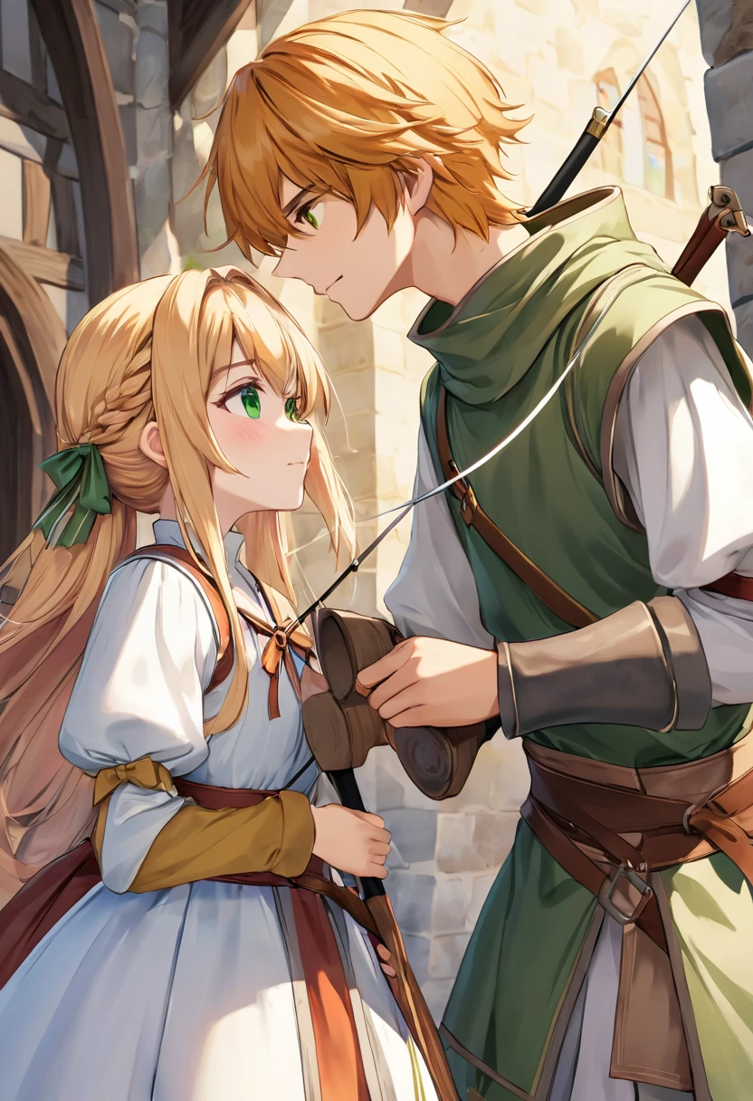 A young man、girl、 ochre-colored hair 、hairstyle、Short、 green eyes 、Squint、 lightweight clothing in medieval Europe、Aim and pull the bow 、From the side、 Ultra HD