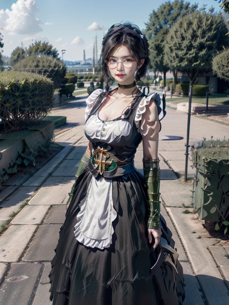  Focus on the Upper Body , Realistic,  1 girl, Black Hair , sparkling green eyes ,  maid clothes, (  these are glasses with black rims :0.7),  Standing Pose , Museum Background, Perfect body,Yuri Alpha（Overload）、masterpiece, Best Quality, Super detailed, ( RAW Photos:1.2), ( Photorealistic),  BEAUTIFUL DETAIL GIRL,