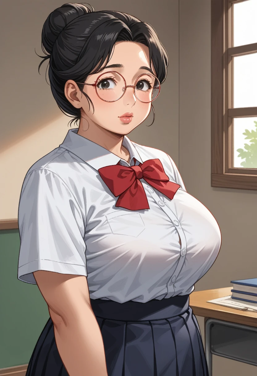 (1girl:1.3), Masterpiece, Best quality, amazing beauty, 4K, absurdres, finely detail, super detailed eye, perfect anatomy, official art, cinematic lighting, BREAK, room, hair bun, (black hair:1.5), super shiny detailed black eye, (((tareme))), (Enchanted eyes), ((plump lips)), red round cell frame glasses, (((Plump face))), (((round face))), Bashful, Face of a mature Japan woman, 40 years old, Mature Japan Woman:1.2, BREAK , big breasts:1.2, chubby, mature Japan woman, mature woman, motherhood,, cowboy shot, BREAK , (school uniform:1.2), BREAK,()