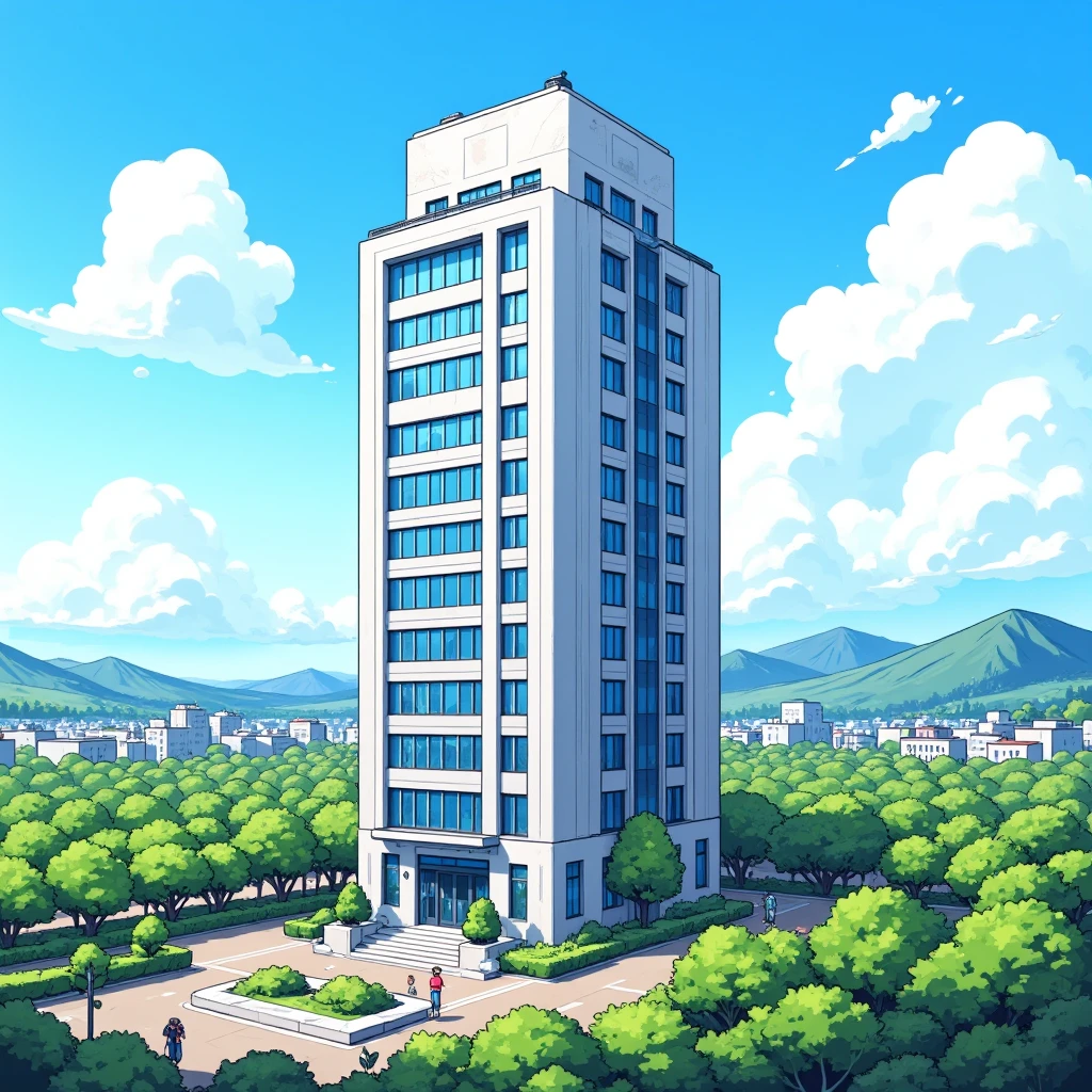 Create an anime-style illustration of a tall, modern multi-story office building with a grand, sturdy architectural design. The building features large windows and vertical lines that emphasize its elegance and strength. Surround the building with manicured green lawns, simple trees, and clear walkways to add a natural touch to the urban scene. The sky is a solid, bright blue with stylized, fluffy white clouds, and distant mountains are visible in the background. Set the scene during the day, with no shadows to maintain a flat color style. Use an elevated diagonal perspective to showcase the building’s structure and surroundings, with thick lineart and flat colors throughout the image