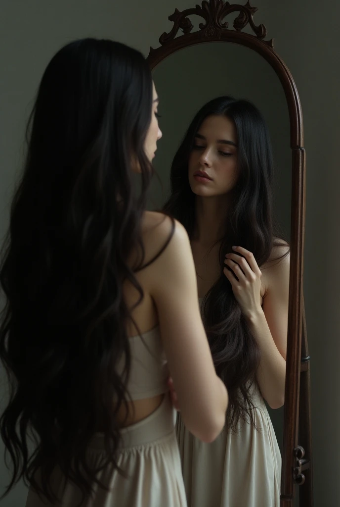 You can create a photo of a beautiful white girl with very long black hair, extremely realistic, taking a photo in front of a mirror.