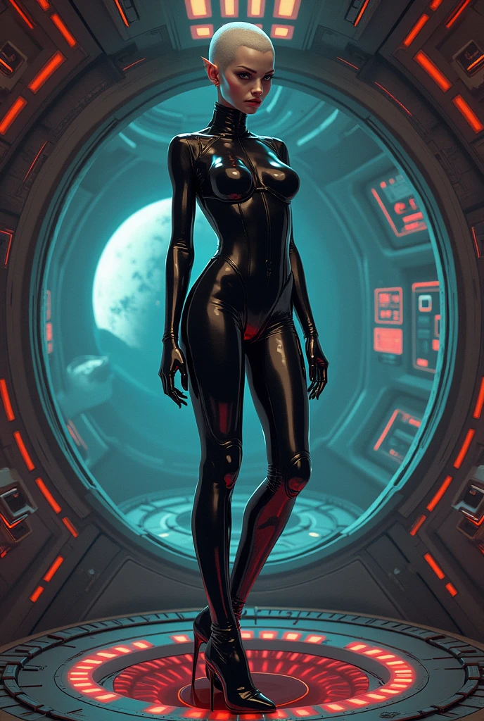 (8K, Ultra-high resolution, Top quality masterpiece, Professional detailed wallpapers, The ultimate attention to detail, Anime Images, Game CG),The perfect human body、Detailed face,Nose and mouth are visible(((Dripping Sweat、Oilskin,Glowing Skin、Realistic skin texture、Beautiful skin in every detail、Shiny skin、Shiny skin)))    big , burst, There is cleavage in the chest, Huge breasts , Very perfect anatomy body parts, Very perfect,(Full Shot: 1.8),Beautiful alien woman、　　Black latex oil shiny full bodysuit、　Alien tentacle tail,Inside the spaceship,cockpit,