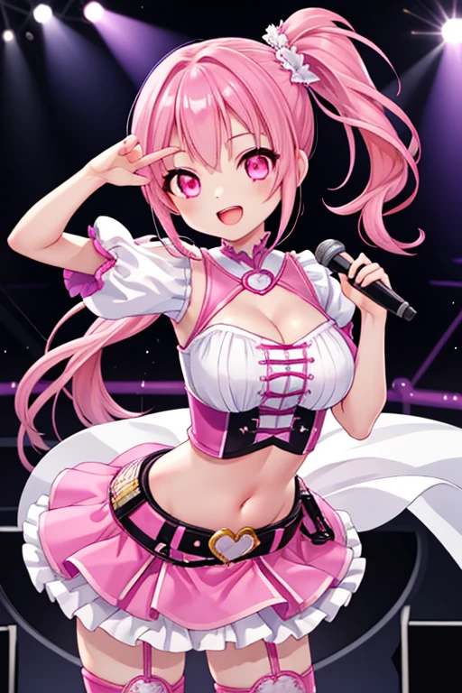 masterpiece,best quality,detailed,idol stage,microphone,super sonico on stage,adult,gigantic breasts, BREAK super sonico wearing an intricate off shoulder Harajuku goth gal dress BREAK decora,hairclips,(brightly lit stage),(pink,white,blue,yellow tetradic colors),sparkling idol