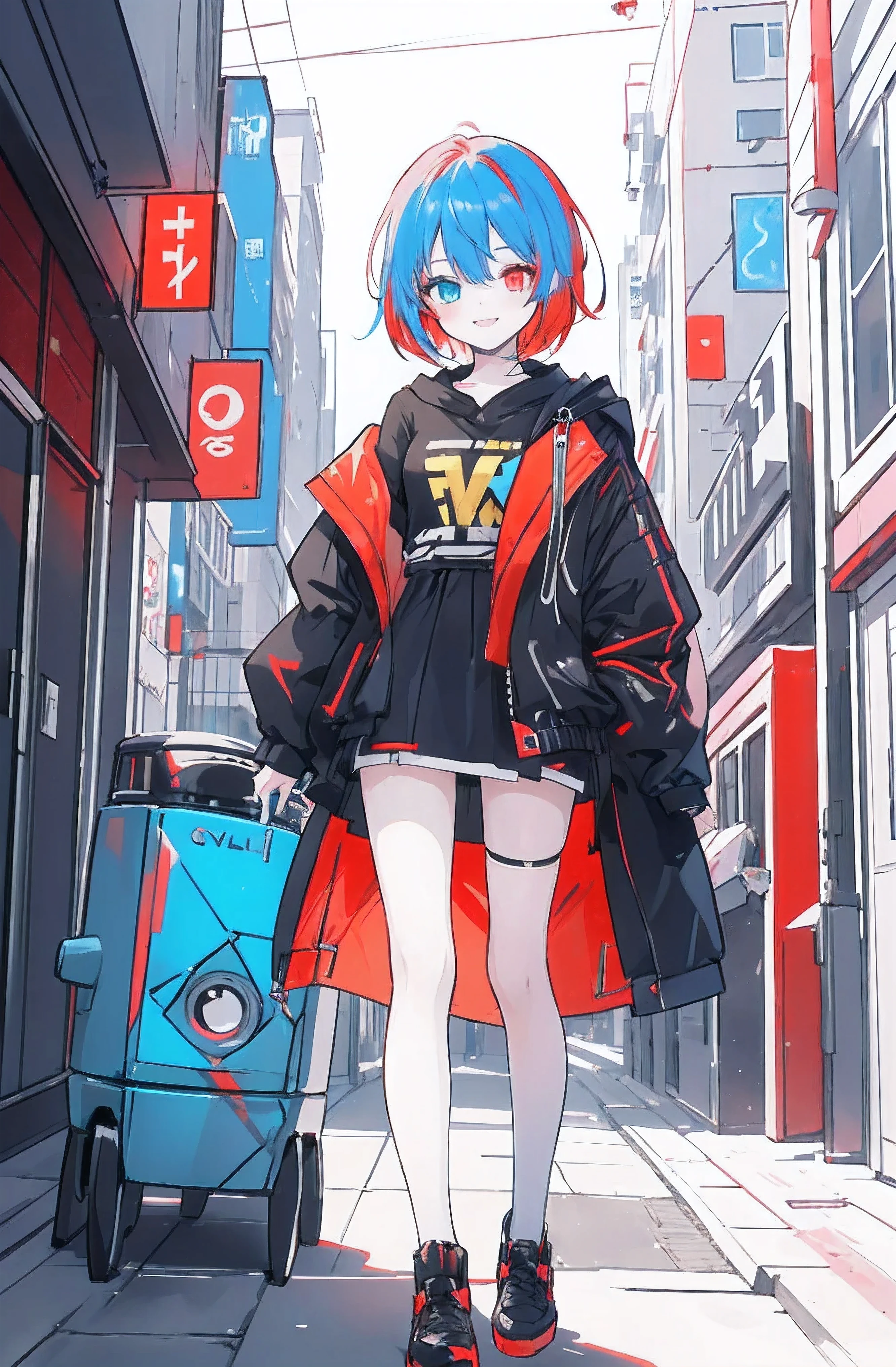 highest quality、Masterpiece、Anime painting with solid coloring、cyber punk、One girl、Blue Hair、Hair tied up、Big Eyes、Open mouth smile、Colorful hoodies、Has a big scythe、Red sneakers、I'm sitting and looking at this、Cowboy Shot