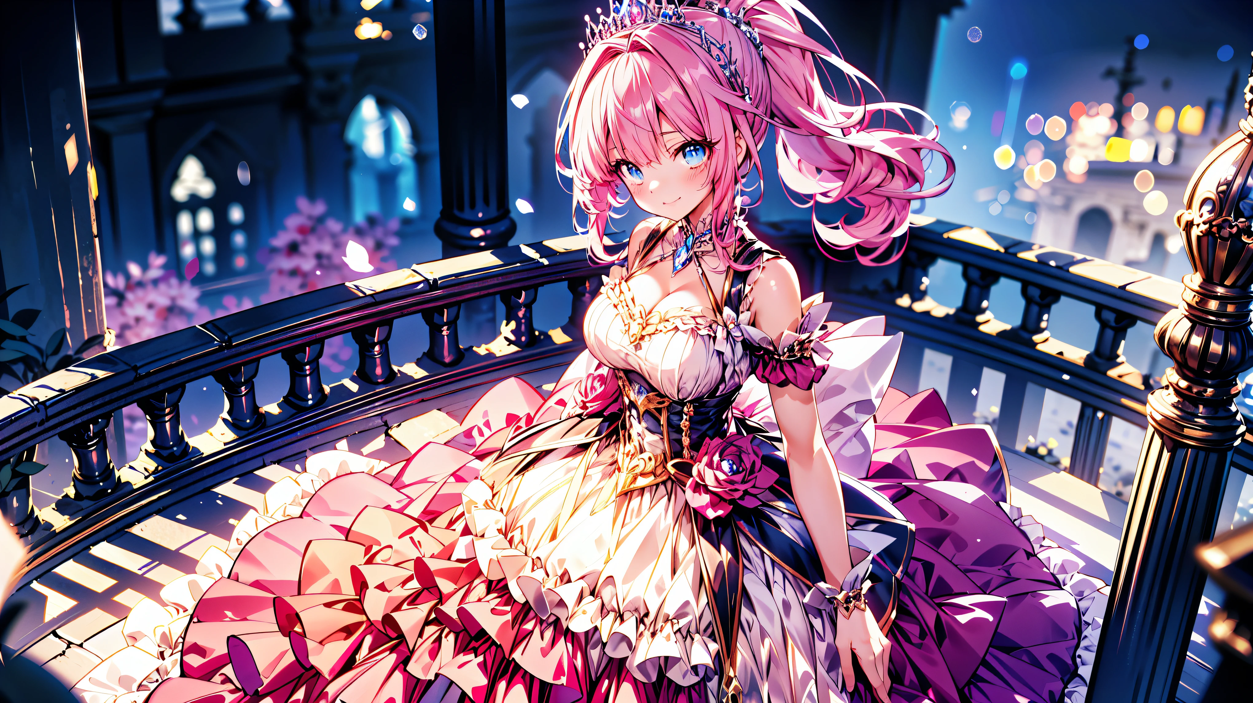 ((Superbly detailed drawing, ultra detailed, exquisite quality, absolutely resolution)), ultra luxurious rococo victorian gown, huge hoop skirt with volume and expanse, princess style skirt with long hems, extremely complex and difficult understand structure, and ultra multi structured ruffles at ultra detailed and beautiful, finest gown,  
BREAK 
(((hair pink hair))), ((fluffy long ponytail)), super voluminous long expressive, asymmetrical bangs, tiara, huge breasts, happy smile, super detailed skin, super delicate and beautiful face, kawaii face, hyper detail face, 
BREAK 
 (eyes blue eyes), (blurry background:1.5), (depth of field), backlighting, caustics, ((fog, fantasy castle)), (dynamic angle:1.3), amazing digital paint, anime moe art style, magnificent panorama view, 
BREAK 
 (((young face solo princess)), ((looking at viewer, from above, leaning forward)), front view, (((arms behind back))), full body,