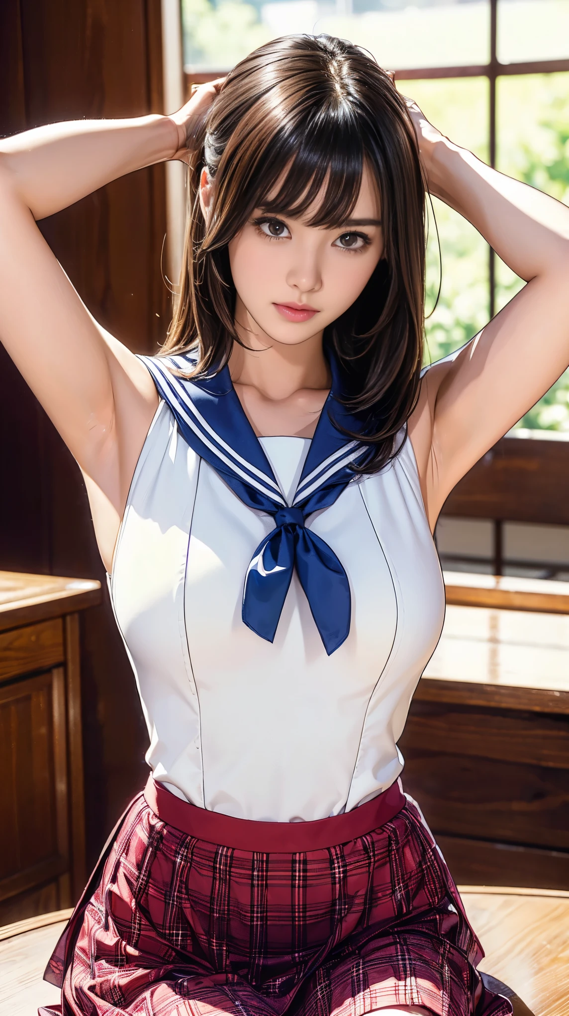 Highly detailed CG Unity 8k wallpaper, Very delicate and beautiful, Shockingly, Finely, official art, absurd, incredibly absurd, Ultra Detailed,The light shines on your face,Looking at the audience, (perfect woman image), Slimウエスト, Full Body Esbian, permanent, ((Sailor Suit, Plaid skirt, Collared shirt, abdomen, Open your clothes, sleeveless tops)), bare arm, Bangs, (best quality, 4K, On the table: 1.3), Beautiful Japanese Araphi woman、15age、Surreal, 1 girl,The face is rich in detail,Lip detail, Beautiful eyes,double eyelids, (Beautiful and delicate lips),Sexy face、Light brown hair、Medium Length Hair、(Seductive figure: 1.2), (Thin waist:1.1)、Flowing hair、((Solitary))、 Half-smile, Color Background, Looking at the audience,big breasts Thin waist,Movie Lighting, ((15ageの女の子, Slim, Thin waist, Thin thighs, Thin arms)), ((Raise your arms, Expose your armpits))