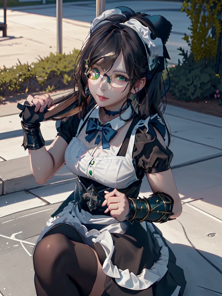  high resolution on down,  sharp concentration, ピクシブのmasterpiece, (( Intricate Details )),  very detailed on playground equipment, Yuri Alpha,  1 girl,  Black Hair , ( blue bow tie :1.3), (Green wristband, Green Gauntlets, Cutting Edge:1.1), Glasses, green eyes, Maid, Raise the single hair bun ,  dress,  choker, Maid apron, Yuri Alpha（Overload）、masterpiece, Best Quality, Super detailed, ( RAW Photos:1.2), ( Photorealistic),  BEAUTIFUL DETAIL GIRL,
