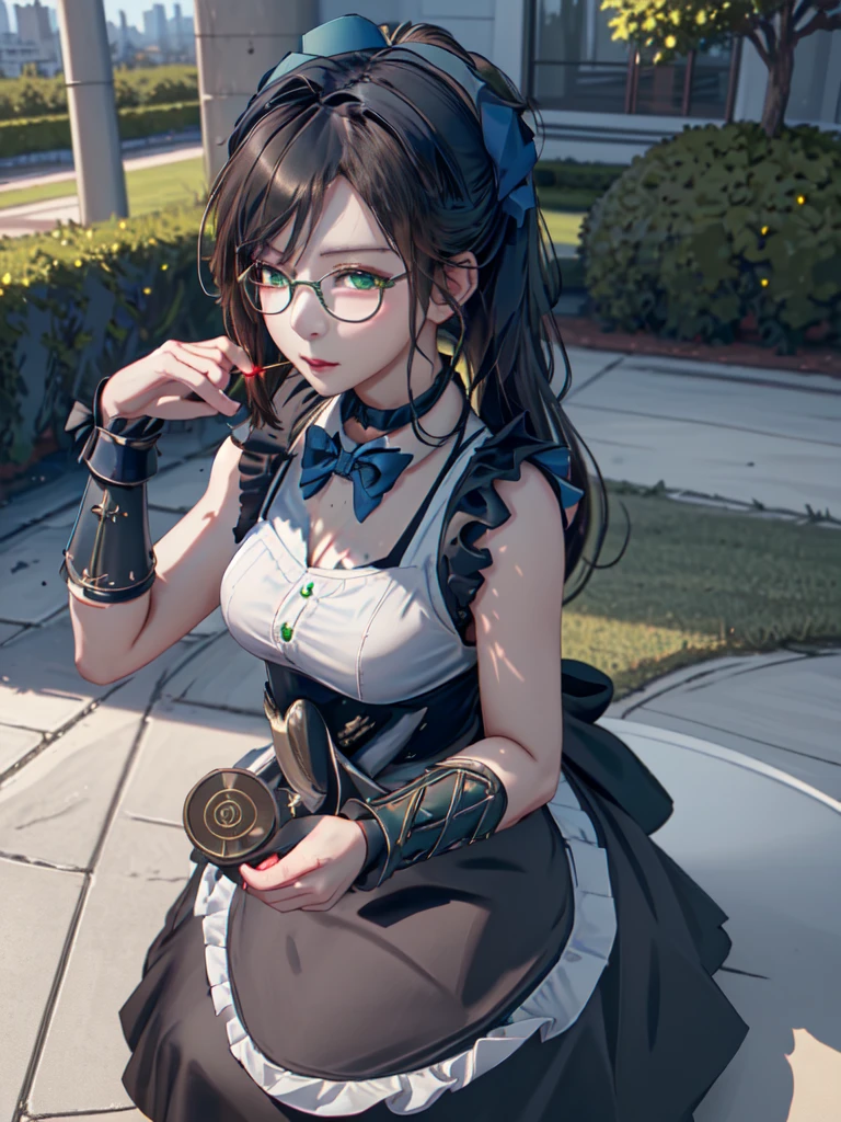  high resolution on down,  sharp concentration, ピクシブのmasterpiece, (( Intricate Details )),  very detailed on playground equipment, Yuri Alpha,  1 girl,  Black Hair , ( blue bow tie :1.3), (Green wristband, Green Gauntlets, Cutting Edge:1.1), Glasses, green eyes, Maid, Raise the single hair bun ,  dress,  choker, Maid apron, Yuri Alpha（Overload）、masterpiece, Best Quality, Super detailed, ( RAW Photos:1.2), ( Photorealistic),  BEAUTIFUL DETAIL GIRL,
