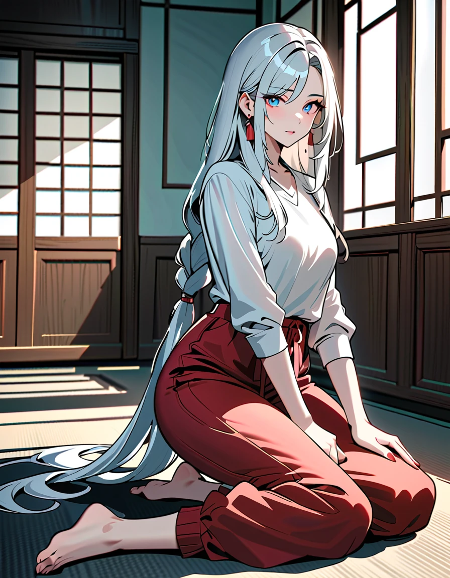 A girl with a collar, baggy pants, barefoot, (best quality,4k,8k,highres,masterpiece:1.2),ultra-detailed, moody lighting,dramatic shadows,warm soft colors,cinematic, red pants , whole body, dynamic pose, shenhe, blue eyes, braided ponytail, earrings, eyelashes, eyeliner, eyes visible through hair, eyeshadow, hair between eyes, makeup, red eyeshadow, sidelocks, single earring, symbol-shaped pupils, tassel, tassel earrings, white hair, long hair, full body
