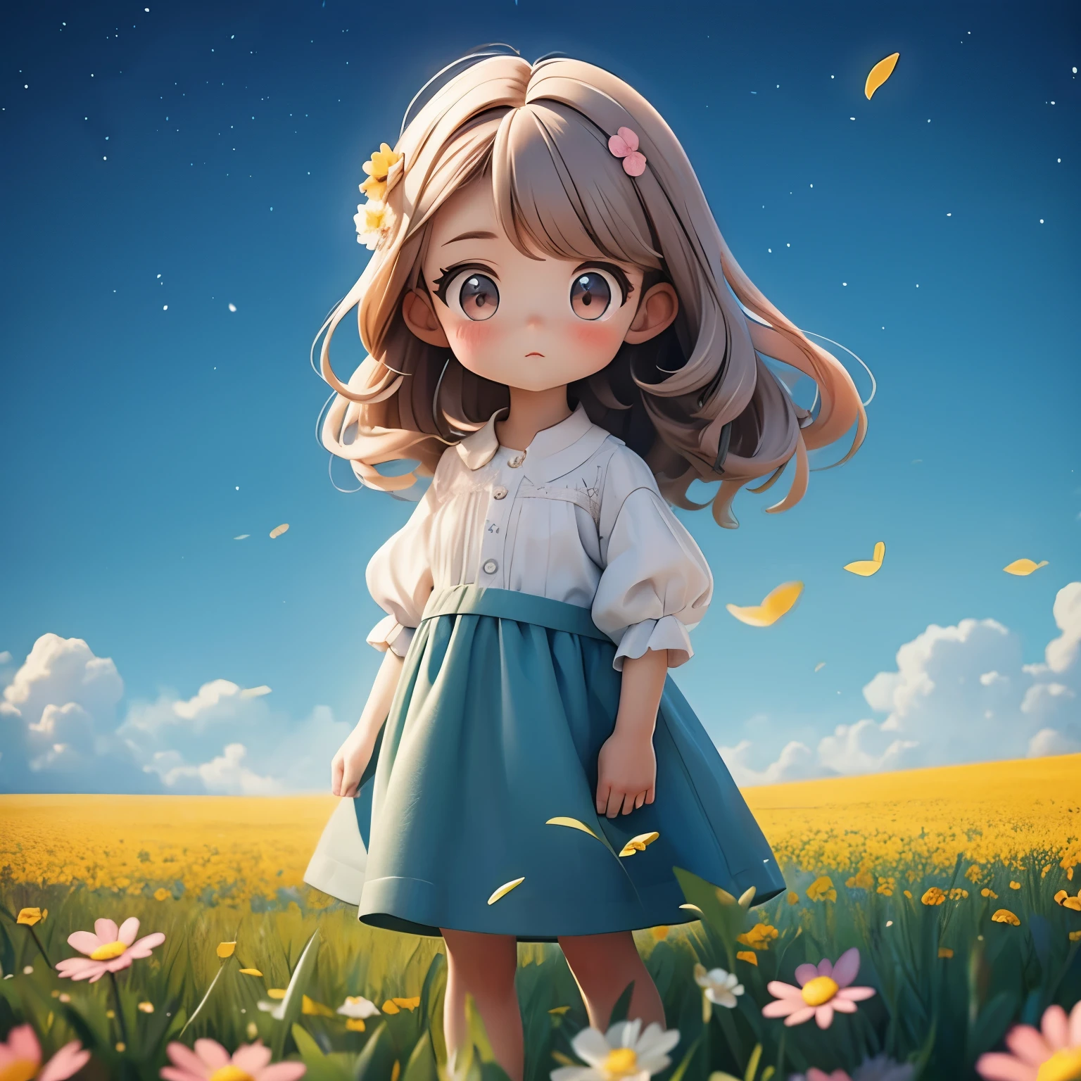 1 girl,Fundo verde claro,brown hair,blackboard,Double the goodness,slope,slope background,Small flowers on the grass,Blue sky and white clouds，3D