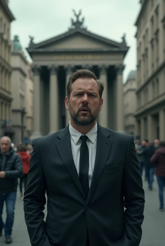 (35mmstyle:1) artstyle medium shot portrait photo captivating film still of a Chubby man wearing a blue suit with a striking expression and body language, Debris from a Giant Explosion in New York City is happening in the background out of focus, depth of field, epic, Anarchy, end of the world