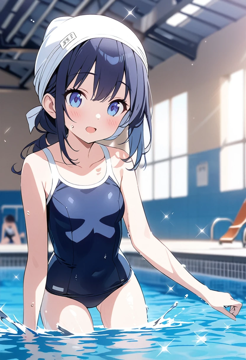 Best Quality、4K、Super accurate picture  、  very cute girl、young、Slender body、Small breasts、  Shiny Dark Blue Hair  、Pool、In the water、 school swimsuit、Swim cap、Swimming、Sparkling water splashes