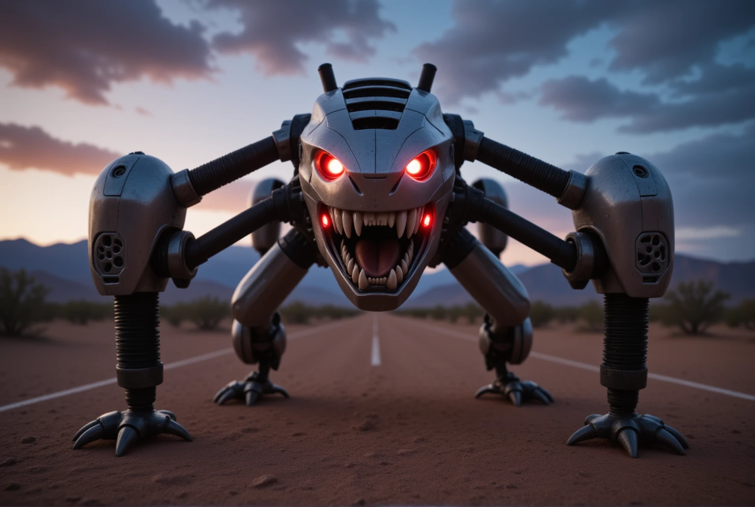 A cinematic masterpiece unfolds as a low-angle medium shot captures the imposing beast drone, its metallic body punctuated by black pipes, with glowing red eyes illuminating the darkening desert landscape. The camera frames the creature's toothy visage, adorned with vibrant red and blue headlights, against the majestic mountain range. Ray-traced lighting enhances the photorealistic scene, where 8K resolution meets UHD clarity. As the sun sets behind the clouds, the atmosphere becomes charged, inviting the viewer to witness this award-winning visual masterpiece.