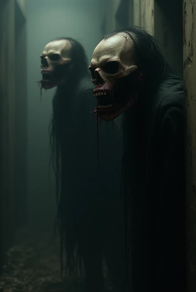 (psychedelic horror), Disgusting deformed and rotten old witch hag ladies creeping in the shadows, off-center in the distance in the dark, hunched back, wet matted hair, wearing moldy tattered rags, carrying a worn black leather doctor's bag, looking over at viewer with a rotted broken missing teeth grin, deformed face, blinded sunken cloudy eyes, body horror ((red glowing hollow triangle sigil floating above head)), creepy nighttime suburbs setting, midnight, stormy raining night <lora:BodHor-V1:0.5> <lora:LowRA:0.5>