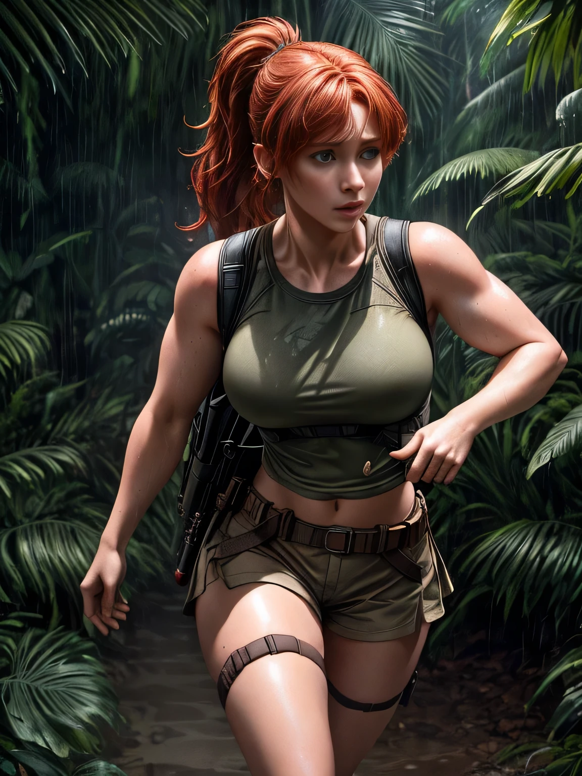 Full body
Cinematic lighting
Ray tracing
Backlight
Stunning detail
Ultra detailed (8K)
High resolution
Pixar 3D animation style
Red-haired woman with high ponytail
Sleeveless white athletic crop top
Beige hunter-style cargo shorts
Two ammo bags strapped to thighs (secured with nylon straps)
Short leather boots
Round face, pale skin, freckles
Round earrings
Medium chest, cleavage
Small hips
Running through tropical jungle at night
Heavy rain, wet body, soaked clothes
Moonlit night, shadows and glimmers
Frightened expression (1.7)
Inspired by Jurassic World (2015), Bryce Dallas Howard
Dynamic shot
Panic and fear in a deserted tropical jungle