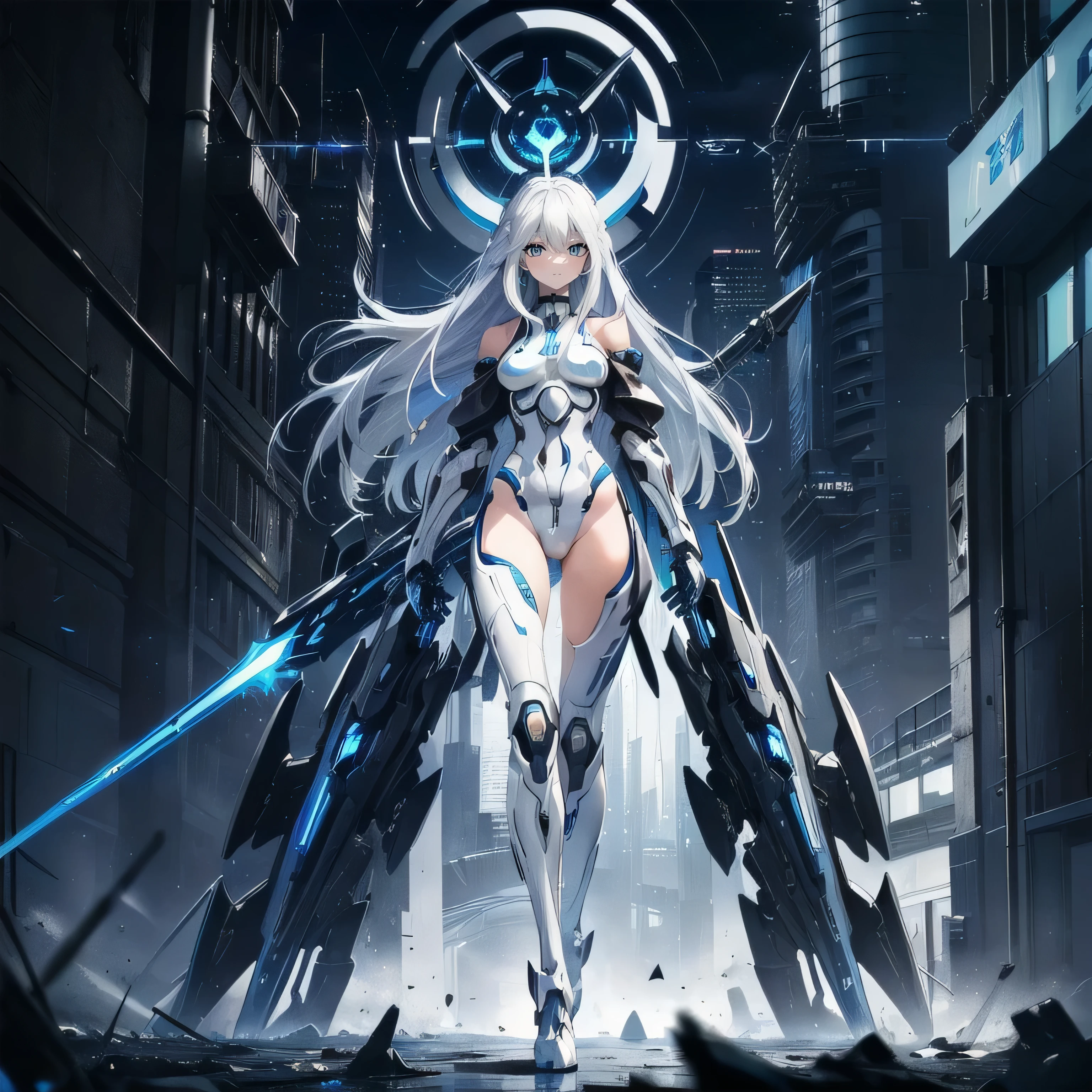 (Top image quality), (Ultra Detailed), (Facing forward), top quality, masterpiece, (((1 girl))), Silver Hair, white hair, ((Long hair)), (deep blue eyes:1.6), battle suit, bodysuit, mecha suit, black suit, night, urban, ((cybernetic spear)), ((high leg)), ((bare legs)), ((off-shoulder)), cyberpunk, cowboy shot