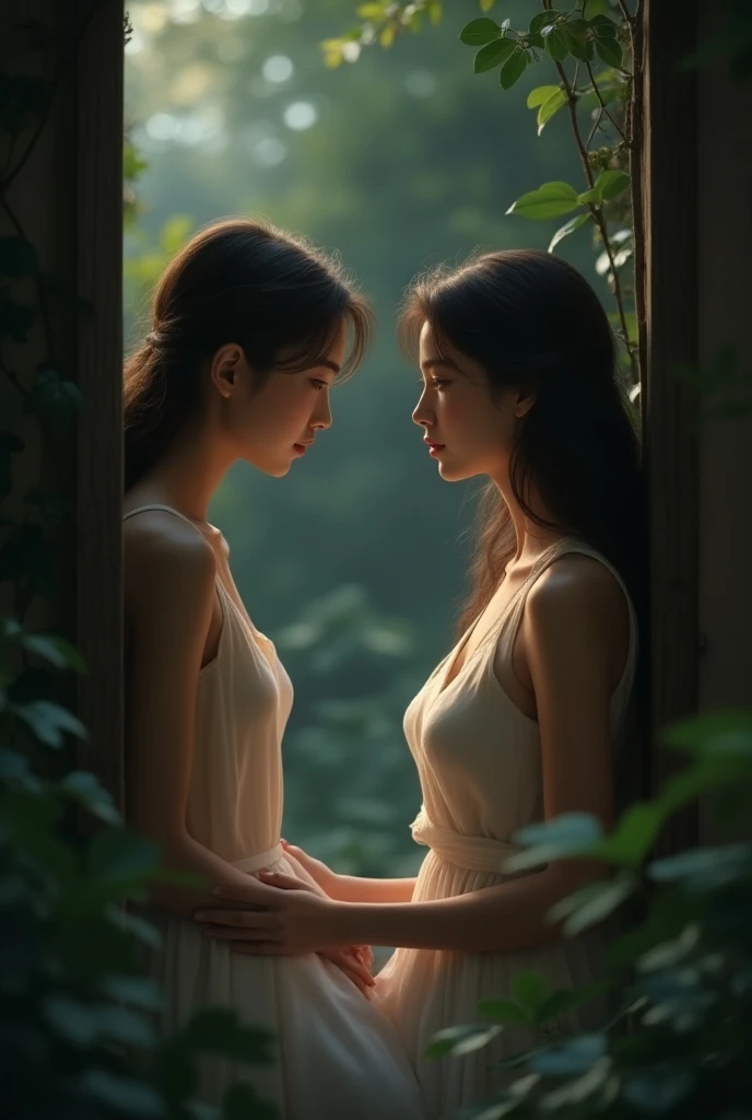 women, white, unclothed, face-to-face and twins