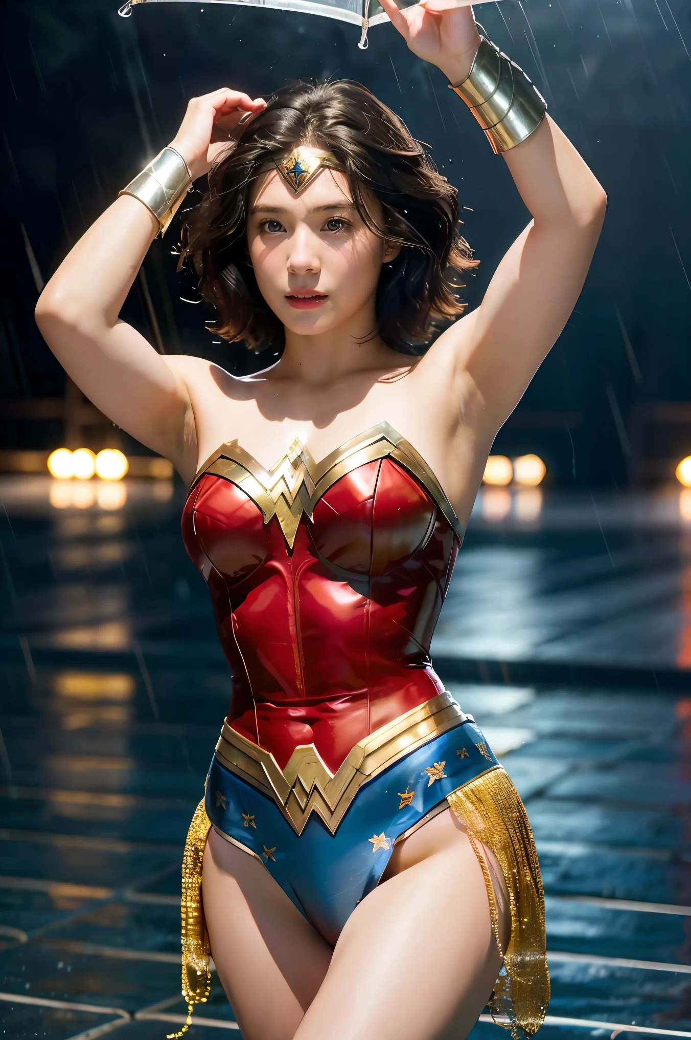 18 year old girl, Wonder Woman suit, short curly hair, blonde hair, beautiful face, rain, roof, masterpiece, exquisite details, perfect anatomy, fighting stance