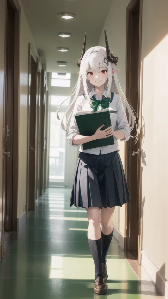 1 Girl, Miss, Mudstone ( tomorrow's ark ), Red Eyes,  alone , There is only one person， Long hair, Pointed ears, White hair, bangs, horn， to a standing, Mudstonedefclass, HD， best quality，Skin of color，Green Skin，Sharp nails， green nails ，Green Skin，Green Skin，Green Skin，Green Skin，Green Skin，Green Skin， Face Closeup ，Green Skin，School Uniform，campus，Running through the hallway while holding the book ，Walking in the hallway，Smile，View from below