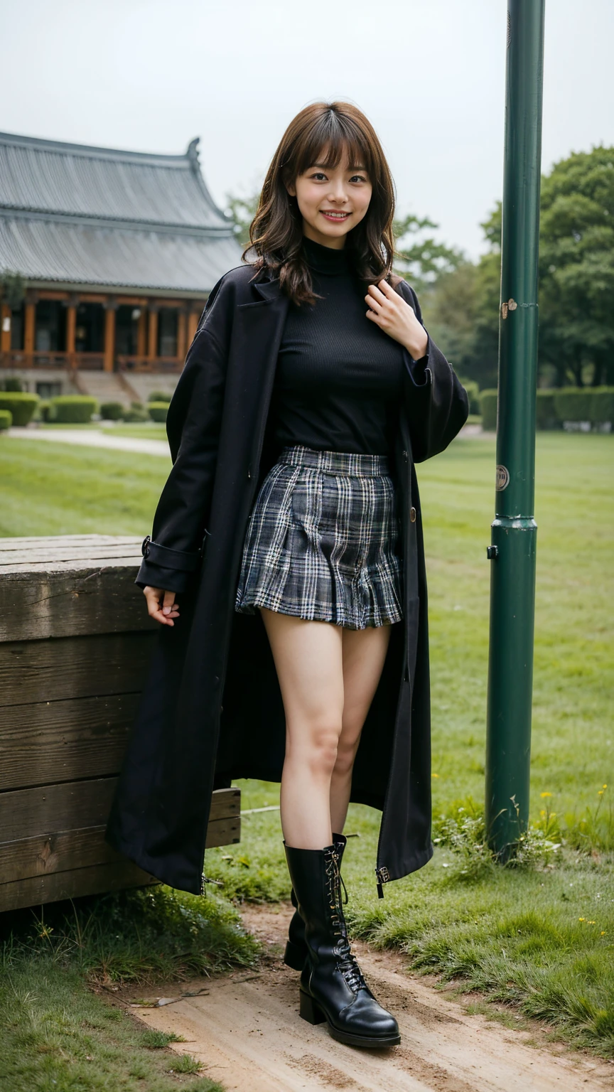 (8k、 RAW photos up close、Best Quality、masterpiece:1.2)、(Realistic、Realistic)、1 person、(( black long coat、 plaid mini skirt 、 boots、 big breasts at the temple、 medium hair、Thin legs、garden、smile、whole body、I'm standing with my hands on my lower back )、cute