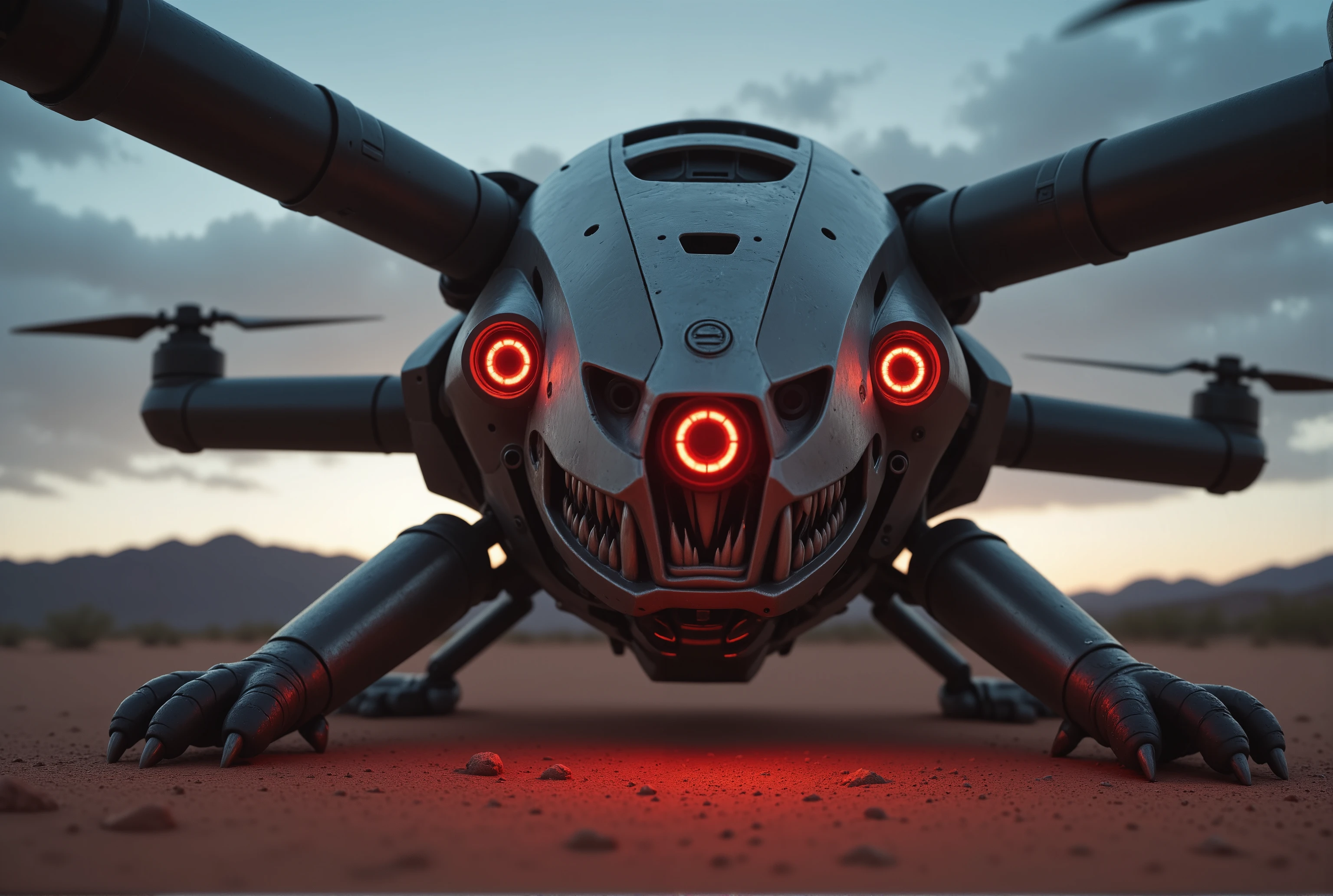 A cinematic masterpiece unfolds as a low-angle medium shot captures the imposing beast drone, its metallic body punctuated by black pipes, with glowing red eyes illuminating the darkening desert landscape. The camera frames the creature's toothy visage, adorned with vibrant red and blue headlights, against the majestic mountain range. Ray-traced lighting enhances the photorealistic scene, where 8K resolution meets UHD clarity. As the sun sets behind the clouds, the atmosphere becomes charged, inviting the viewer to witness this award-winning visual masterpiece.