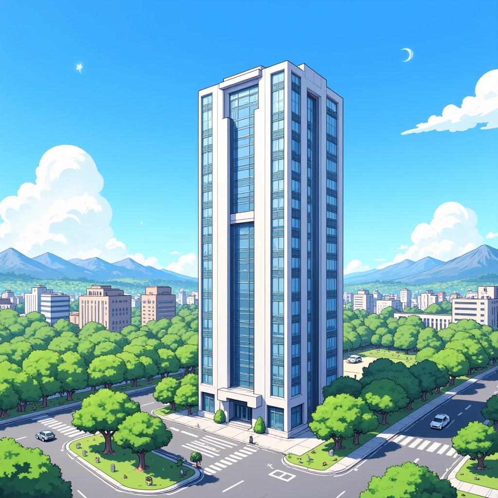 Create an anime-style illustration of a tall, modern multi-story office building with a grand, sturdy architectural design. The building features large windows and vertical lines that emphasize its elegance and strength. Surround the building with manicured green lawns, simple trees, and clear walkways to add a natural touch to the urban scene. The sky is a solid, bright blue with stylized, fluffy white clouds, and distant mountains are visible in the background. Set the scene during the day, with no shadows to maintain a flat color style. Use an elevated diagonal perspective to showcase the building’s structure and surroundings, with thick lineart and flat colors throughout the image