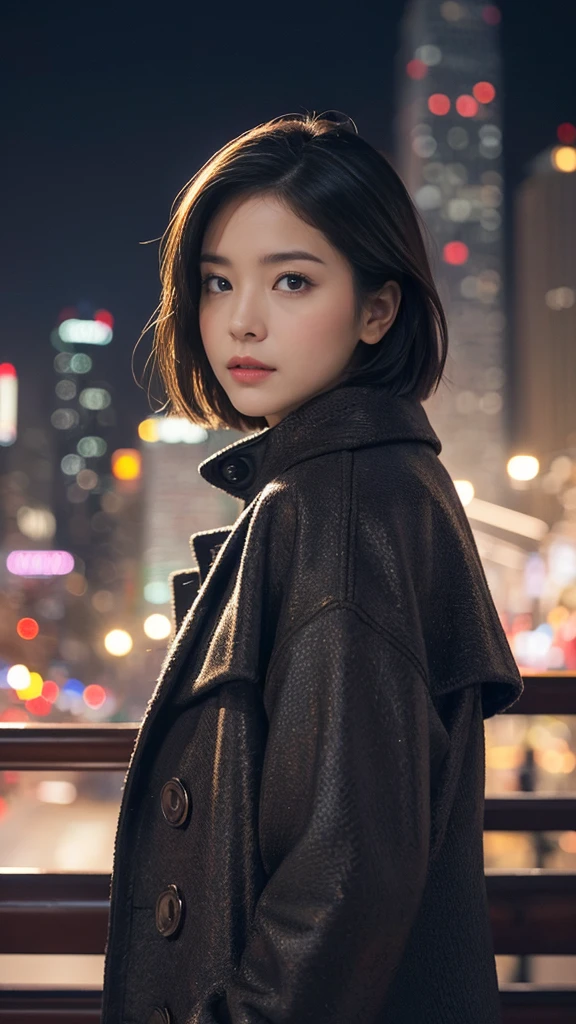 Alone,  focus your gaze  ,    high resolution on down  , masterpiece,    anatomically accurate ,  Best Quality,   ((woman)),  very detailed,  Ultra-fine,  woman、 short hair parted to the center、   cowboy shot ,  Christmas、 The background is a cityscape with beautiful night illuminations、 Winter fashion wearing a coat 、Night when the snow falls 、