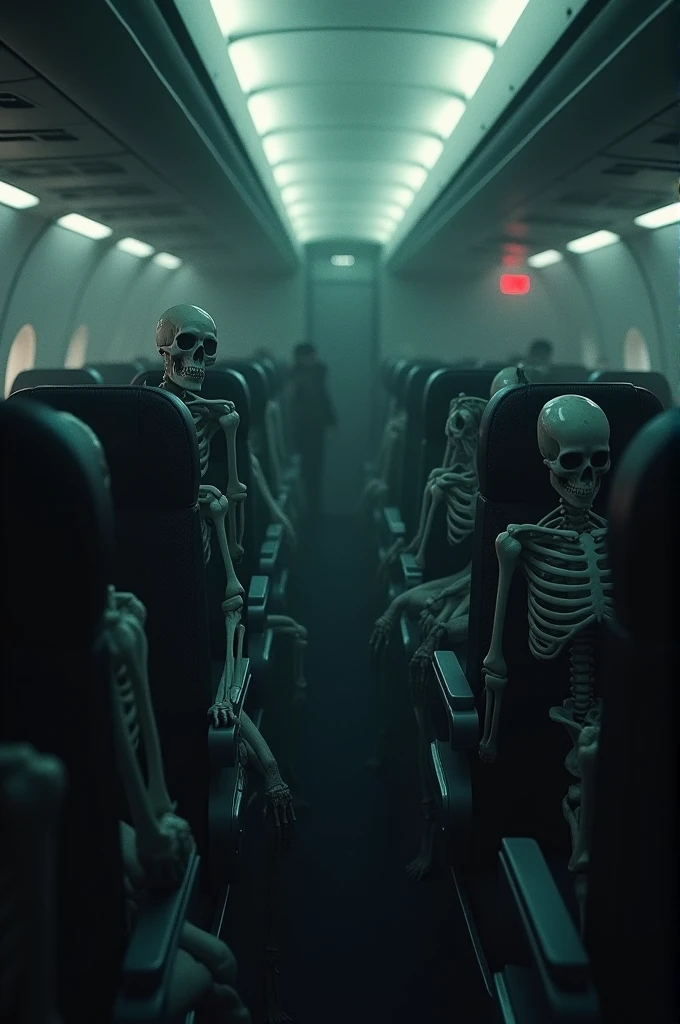 A disturbing visual representation of the interior of an airplane, where 88 skeletons wearing clothes but faint in their seats are present. The image focuses on the central aisle of the aircraft, with the seats arranged on both sides. The skeletons sit in the armchairs, some with their hands on the arms of the seats, while their clothing reveals details of what used to be people. The lighting of the plane is gloomy, with a macabre and abandoning atmosphere. The style for this image is a digital painting with dark tones and a cool color palette to accentuate the creepy and melancholic mood. This visual representation conveys a sense of mystery and intrigue, leaving the viewer curious about the story behind the 88 skeletons on the plane. --auto --s2