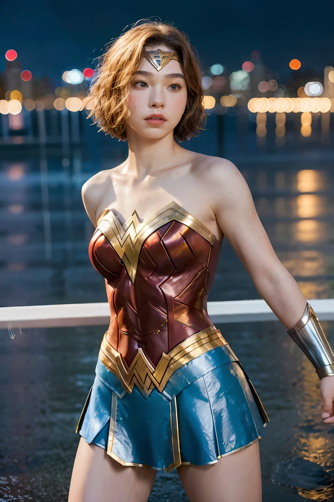 18 year old girl, Wonder Woman suit, short curly hair, blonde hair, beautiful face, rain, roof, masterpiece, exquisite details, perfect anatomy, fighting stance