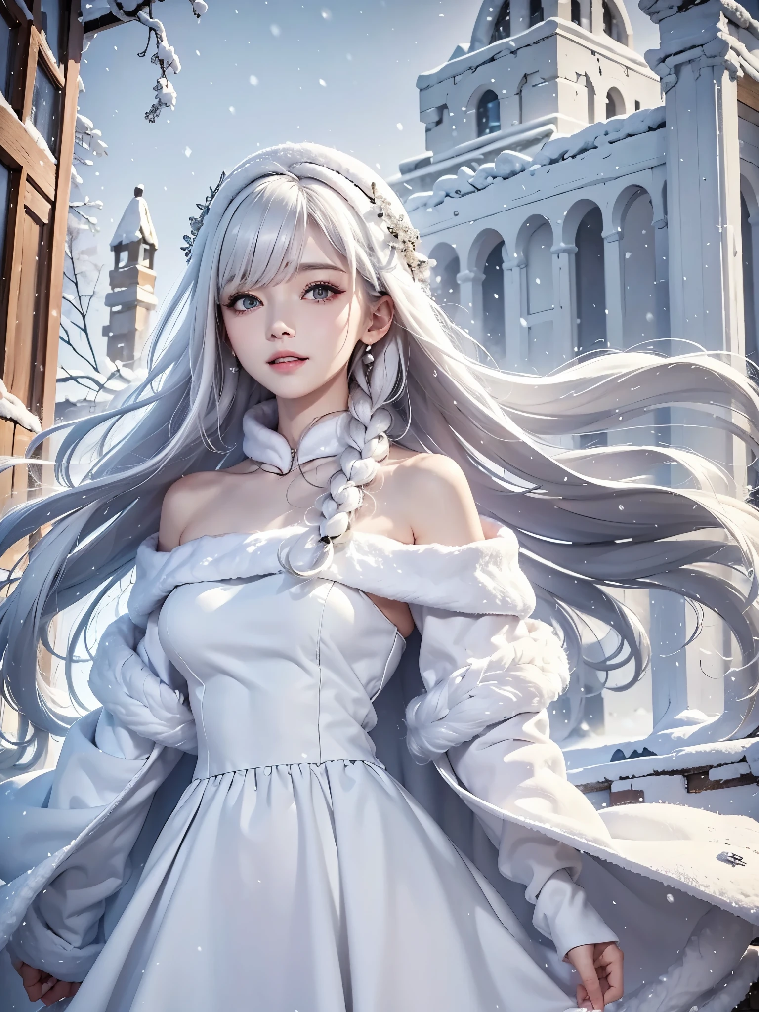 masterpiece:1.5, best quality, realistic:1.3, 1girl, white hair, medium breasts, winter dress and coats, outdoors, snow falling, off shoulder dress, far corts, ruins
