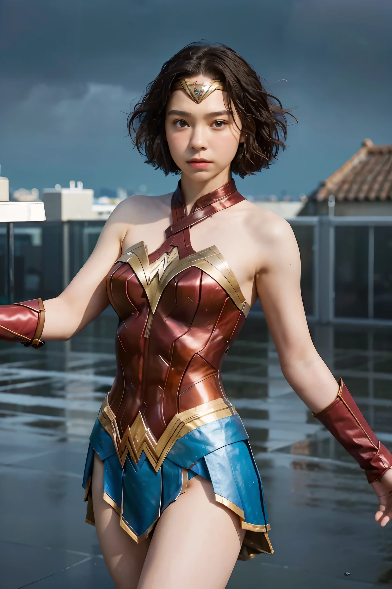 18 year old girl, Wonder Woman suit, short curly hair, blonde hair, beautiful face, rain, roof, masterpiece, exquisite details, perfect anatomy, fighting stance