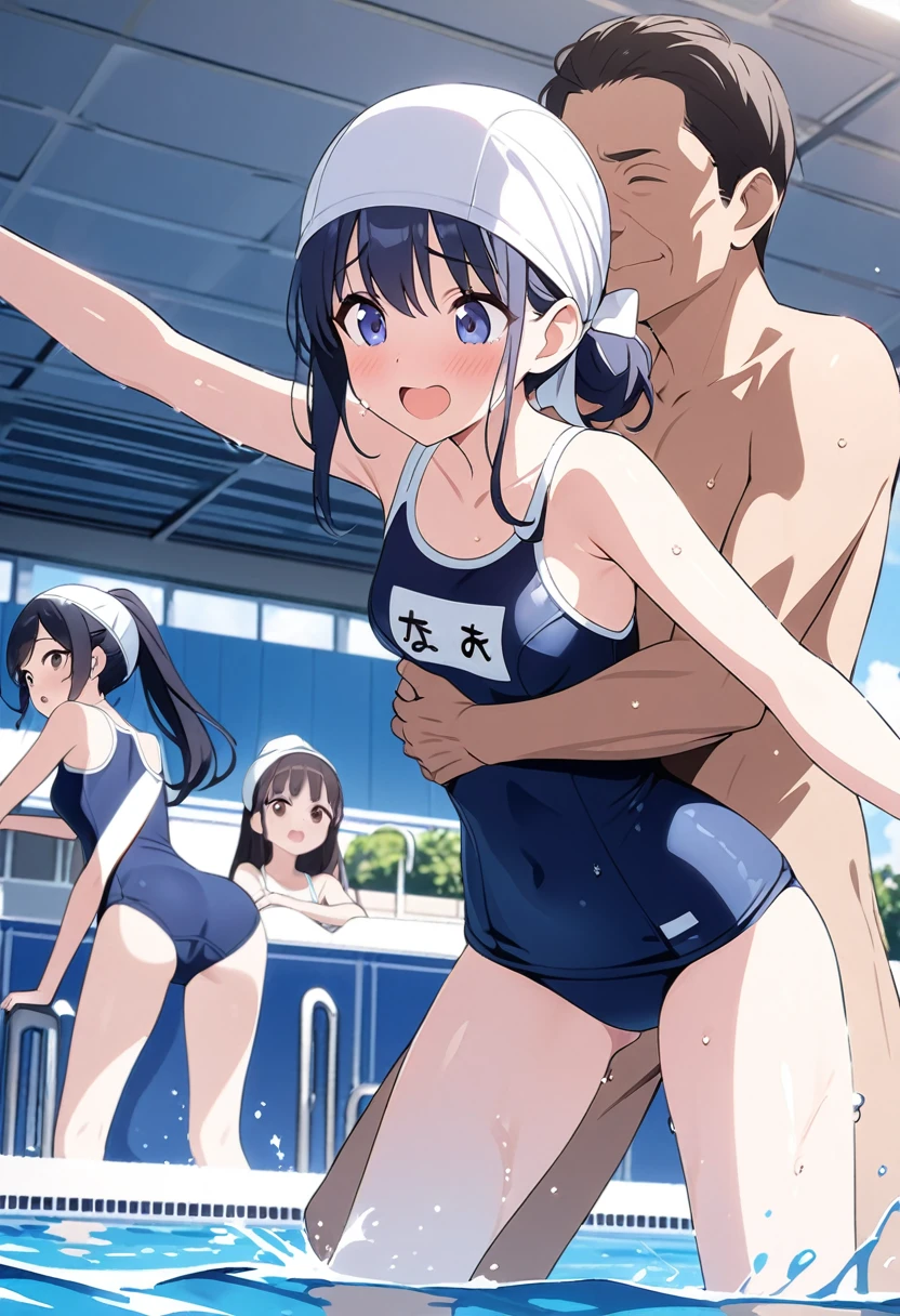 Best Quality、4K、Super accurate picture  、 very cute girl with a nice setting、young、Slender body、Small breasts、  Shiny Dark Blue Hair  、Pool、In the water、 school swimsuit、Swim cap、Swimming、Sparkling water splashes、One middle-aged man、A man is grabbing a girl